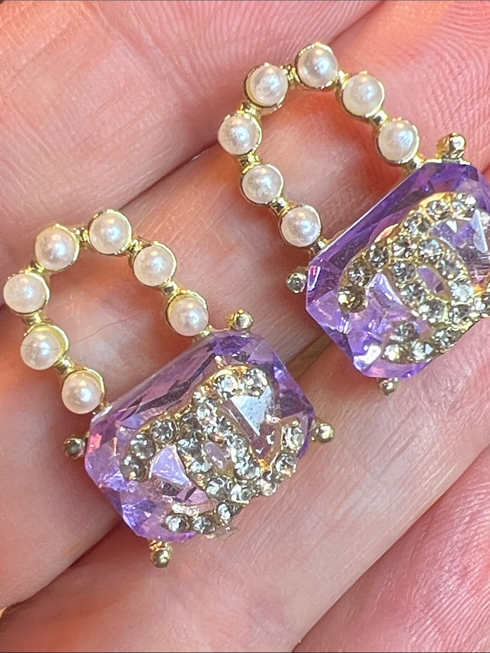 Gold with Pearl Hand Bag Drop Earrings with Lavender Crystal